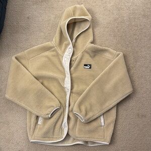 Puma Hooded Sherpa Fleece Jacket. Light tan/off white. Size L.
